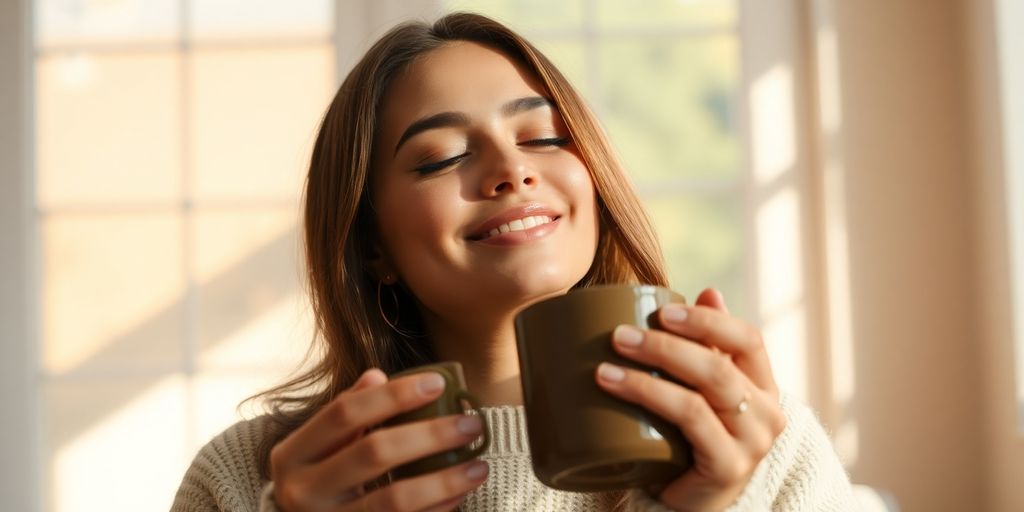 Relaxing person holding a warm mug, feeling peaceful.