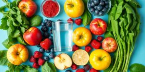 Healthy heart with fresh fruits and vegetables.