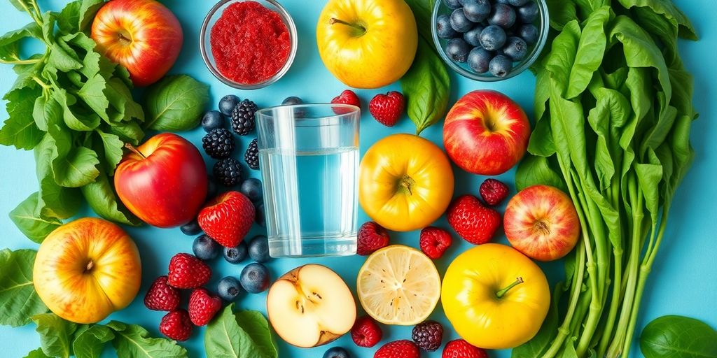 Healthy heart with fresh fruits and vegetables.