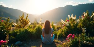 Person meditating peacefully against a calming nature backdrop.