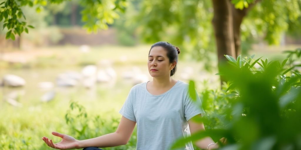 Calm person meditating peacefully outdoors with serene nature background.