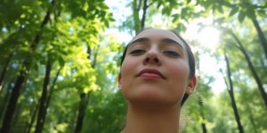 Person breathing deeply outdoors.