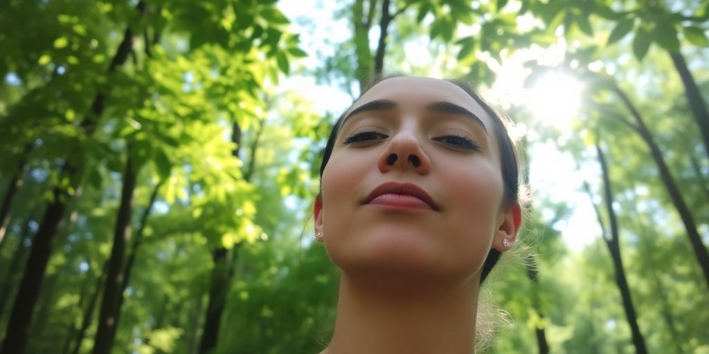 Person breathing deeply outdoors.