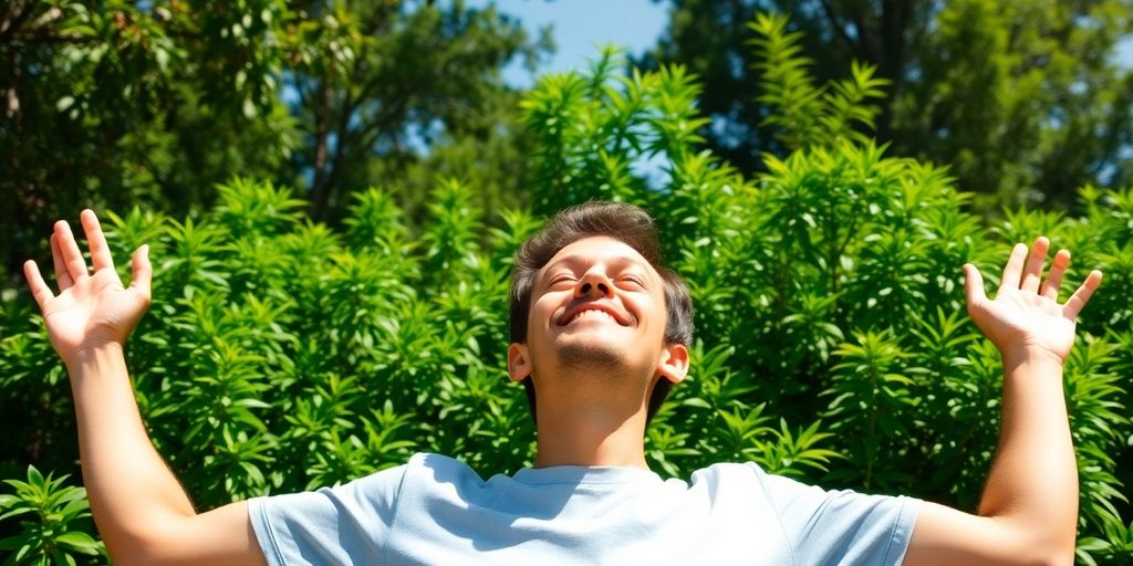 Person stretching energetically outdoors in sunlight.