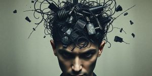 Person overwhelmed by chaotic swirling colors.