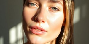 Woman with glowing, clear skin, natural beauty.