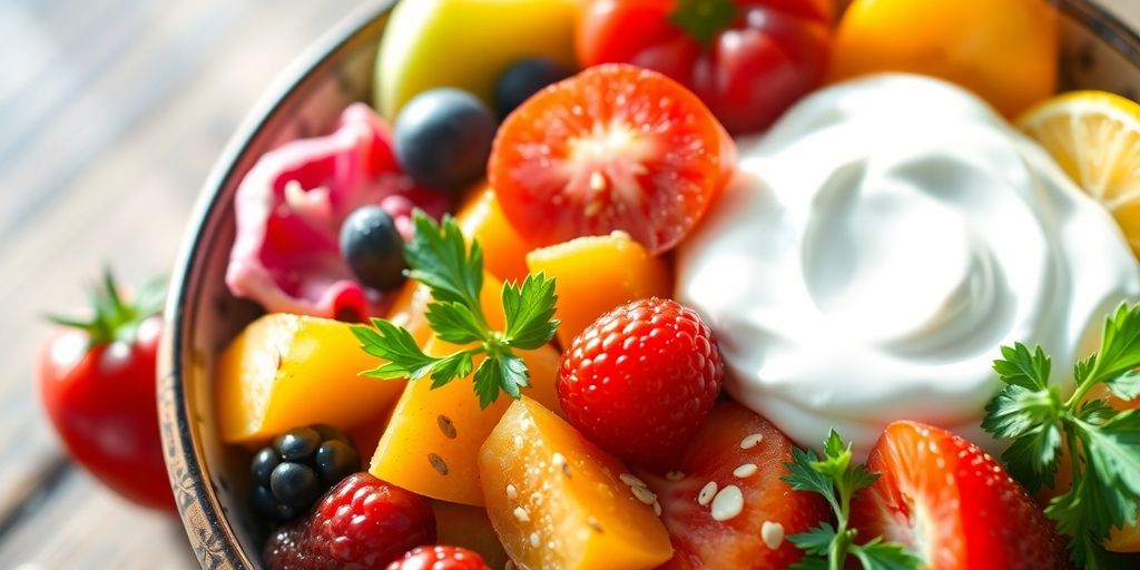 Healthy gut food bowl with fruits and vegetables.
