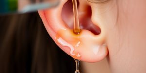 Person gently tilting head with earwax remedy.