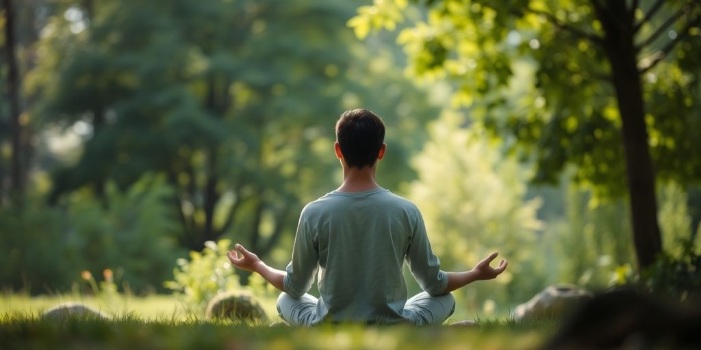 Person relaxing peacefully in a serene natural environment.