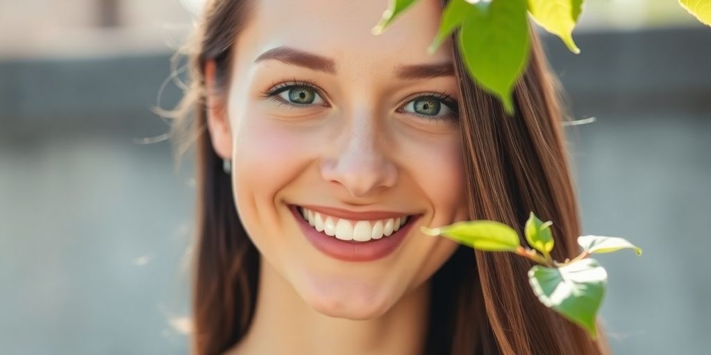 Woman with glowing skin and fresh leaves