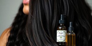 Woman with thick, healthy natural hair and oils.