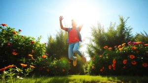 Person leaping with natural energy outdoors.