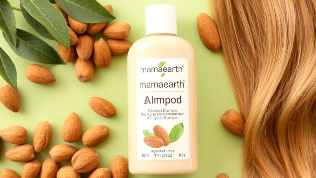 Mamaearth Almond Shampoo bottle with almonds and hair