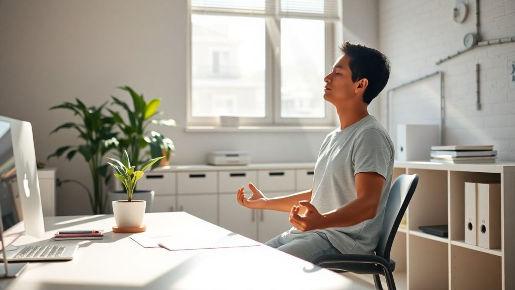 Person meditating at a desk, calm workspace.