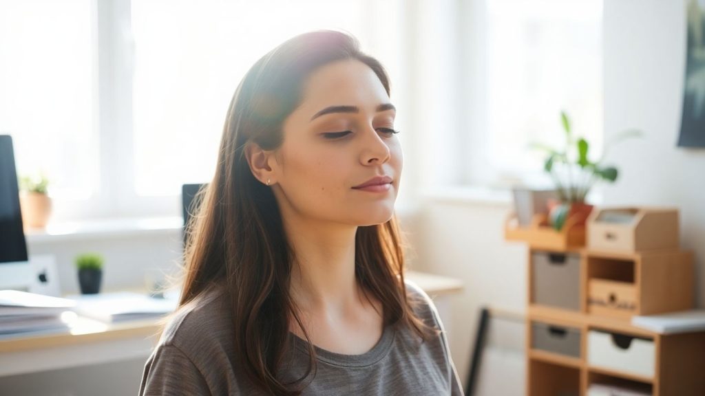 Person meditating peacefully at a clean desk.
