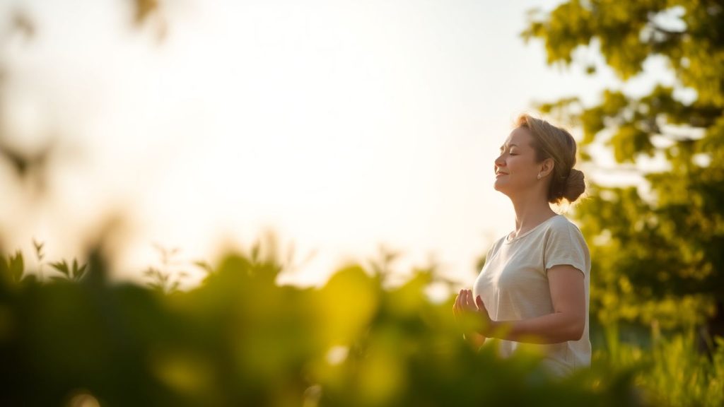 Person meditating peacefully outdoors in warm sunlight.