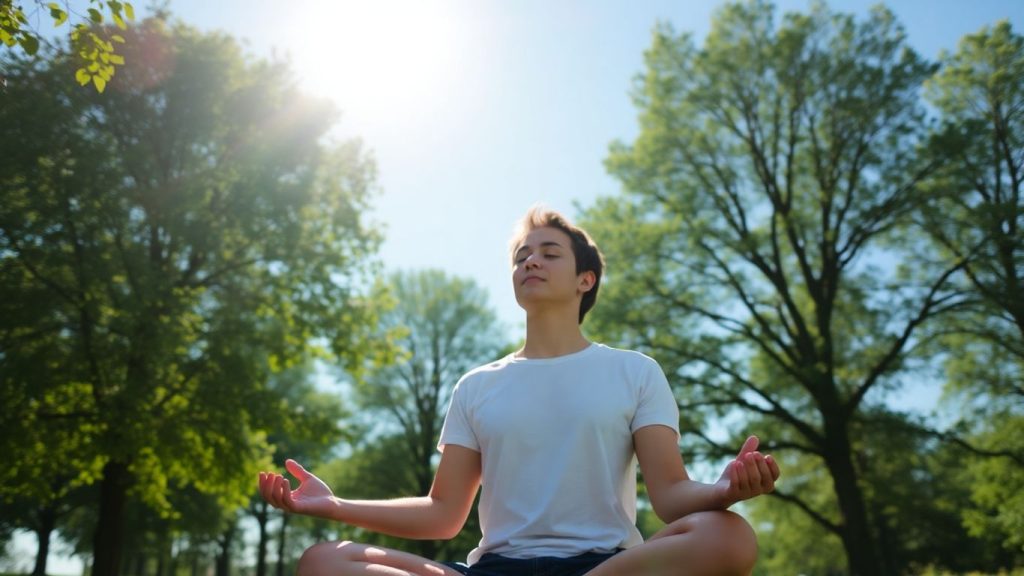 Person meditating peacefully in nature, bathed in sunlight.