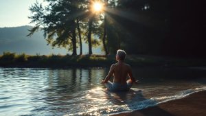Person meditating peacefully by a calm lake at sunrise.