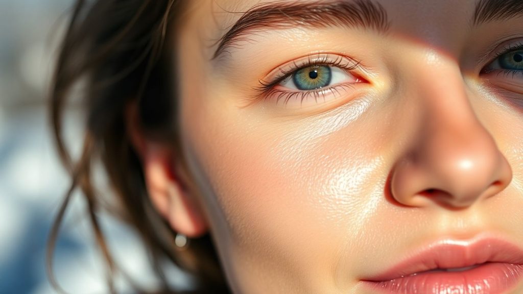 Woman's face with glowing, hydrated winter skin.