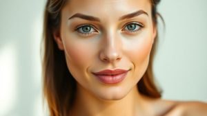 Woman with radiant, healthy skin bathed in soft light.