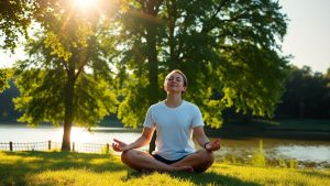 Person meditating peacefully in nature, managing stress.