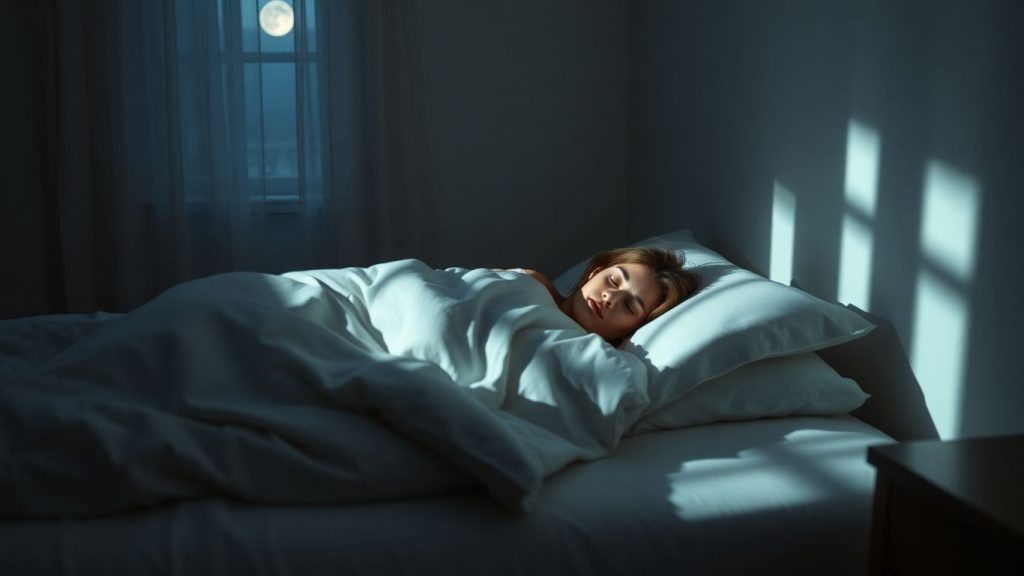 Person sleeping peacefully in a moonlit bedroom.