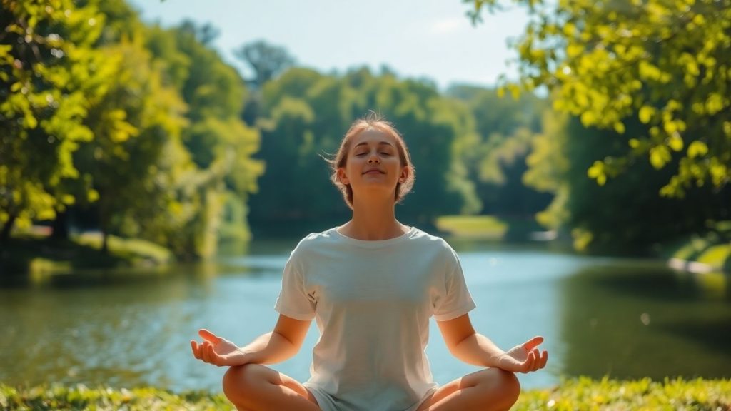 Person meditating peacefully outdoors in nature.