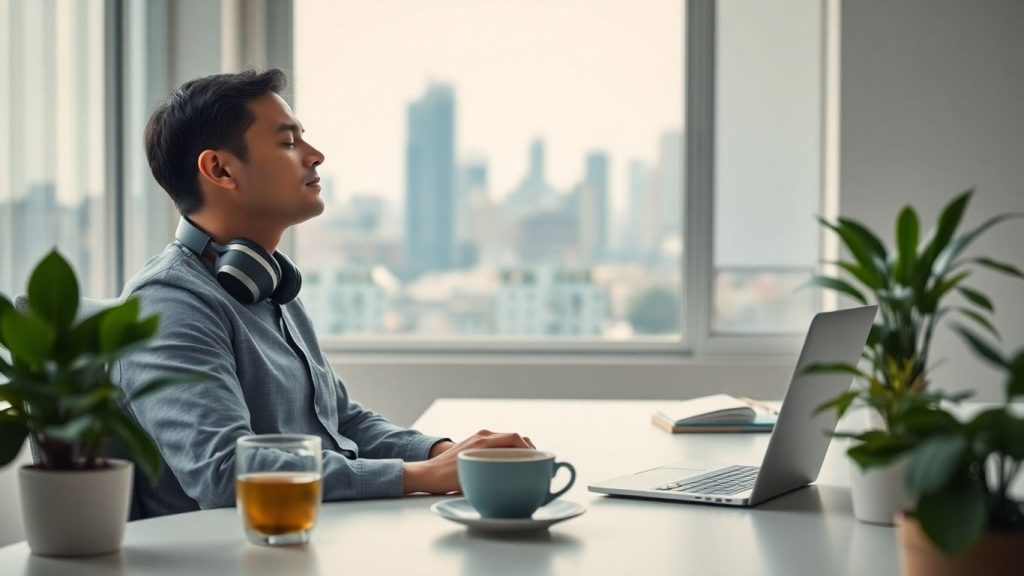 Calm office worker meditating at tidy desk with plants, window.