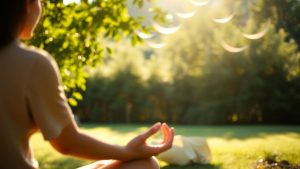 Person meditating peacefully outdoors in nature.