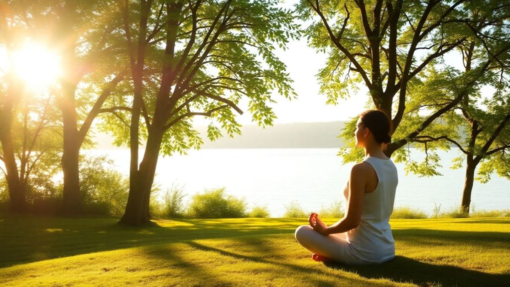 Person meditating peacefully in nature, feeling calm.
