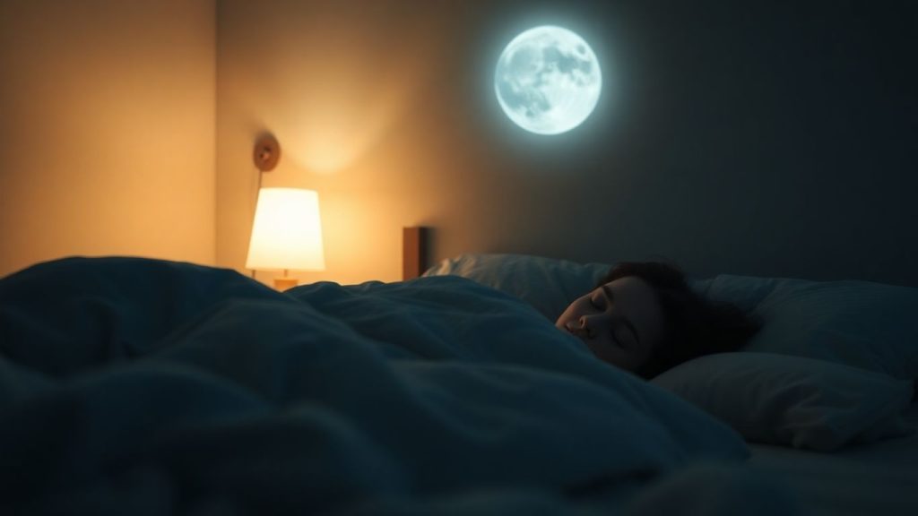 Person sleeping peacefully in a moonlit bedroom.